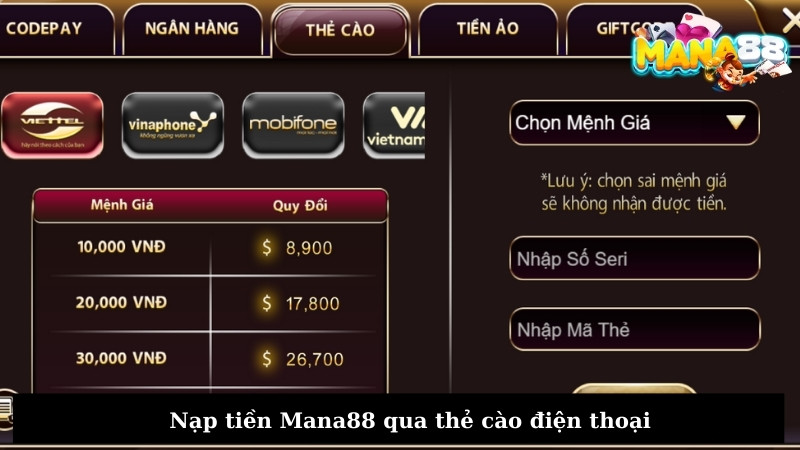 Nạp tiền Mana88 qua thẻ cào điện thoại