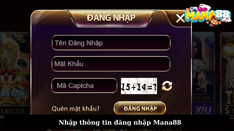 Nhập thông tin đăng nhập Mana88